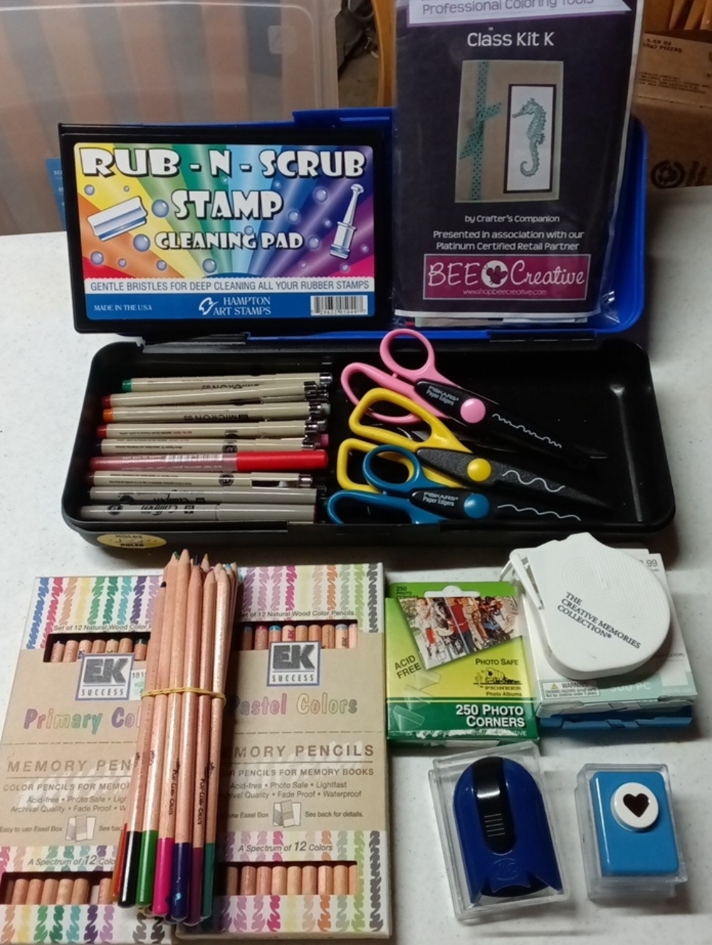 Crafting Tool Lot with Colored Pencils, Pens & Decorative Scissors